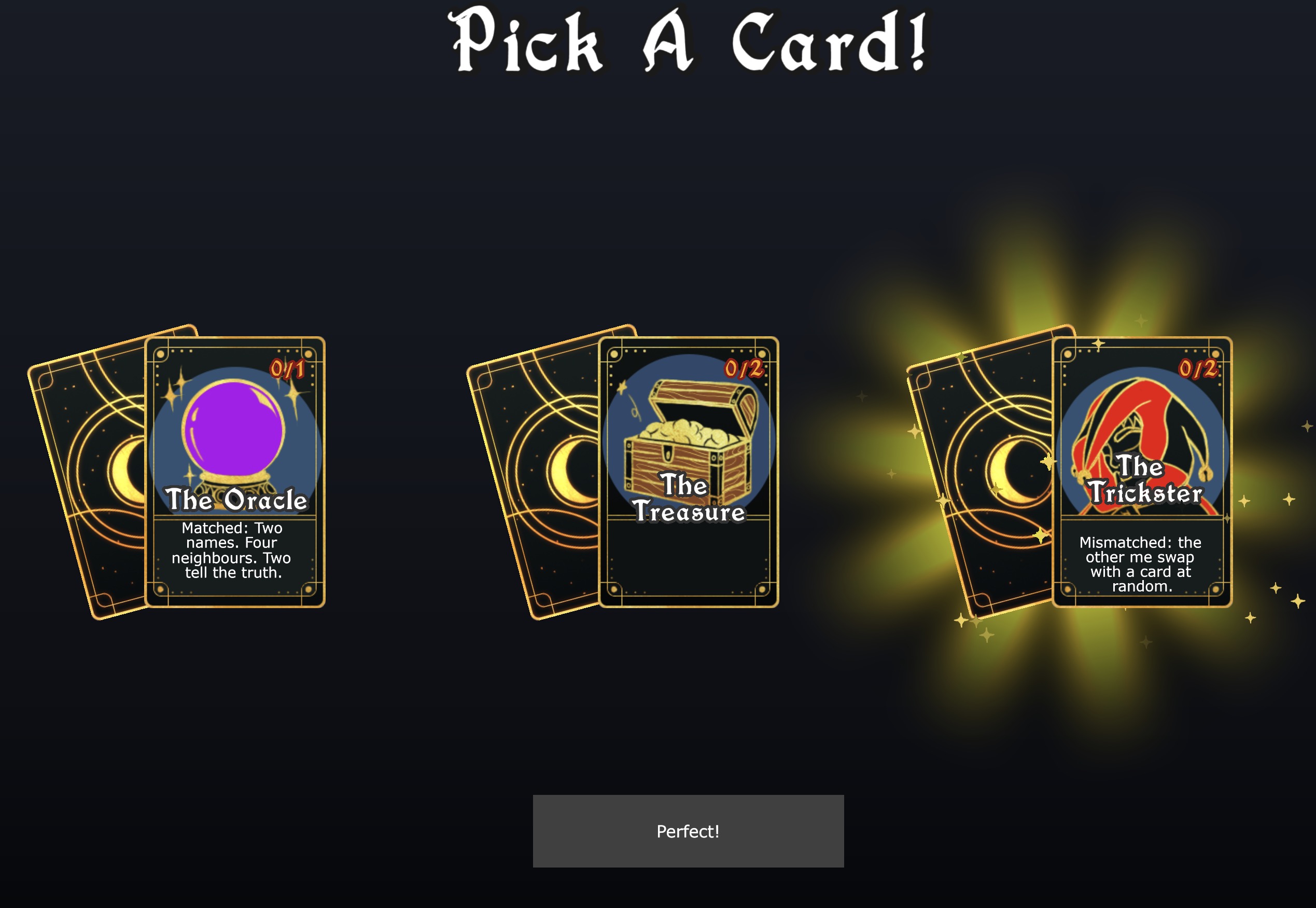 Card selection screen showing three card choices.