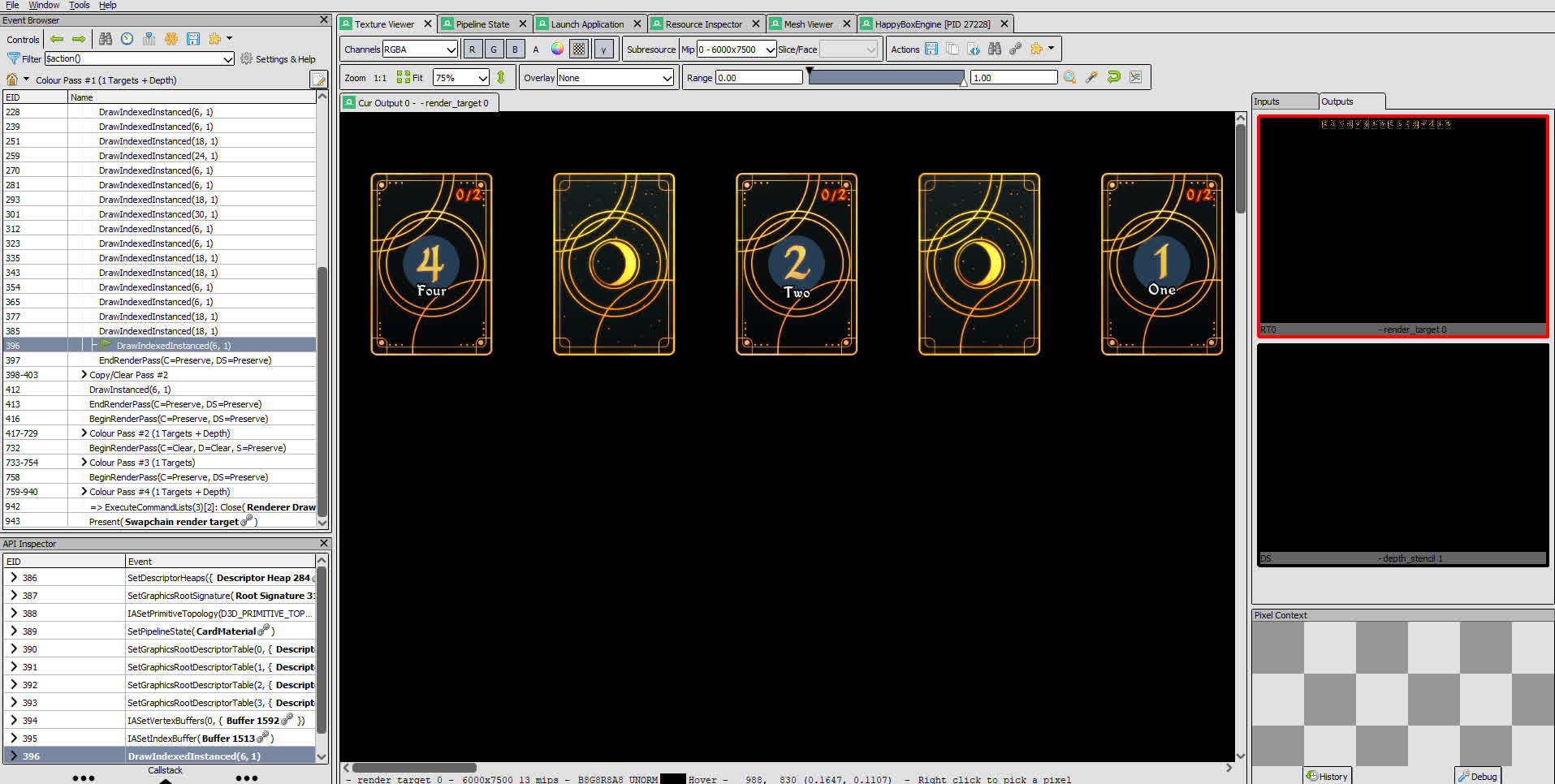 RenderDoc view showing cards rendered into the texture atlas.