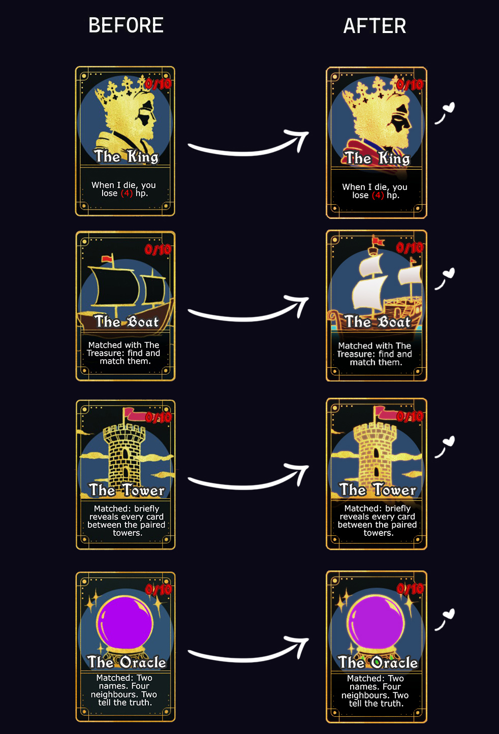 The King, The Oracle, The Boat, and The Tower card before and after art update.